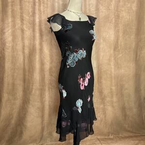 Vintage Y2K Floral Layered Midi Dress Black Velour Mesh Handkerchief Hem Ruffled